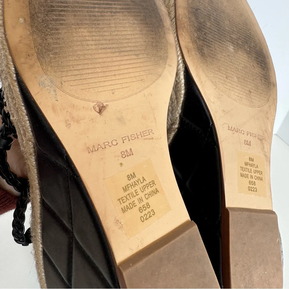 Marc Fisher Black Tan Hayla Wedge Heels Sandals 8 Leather